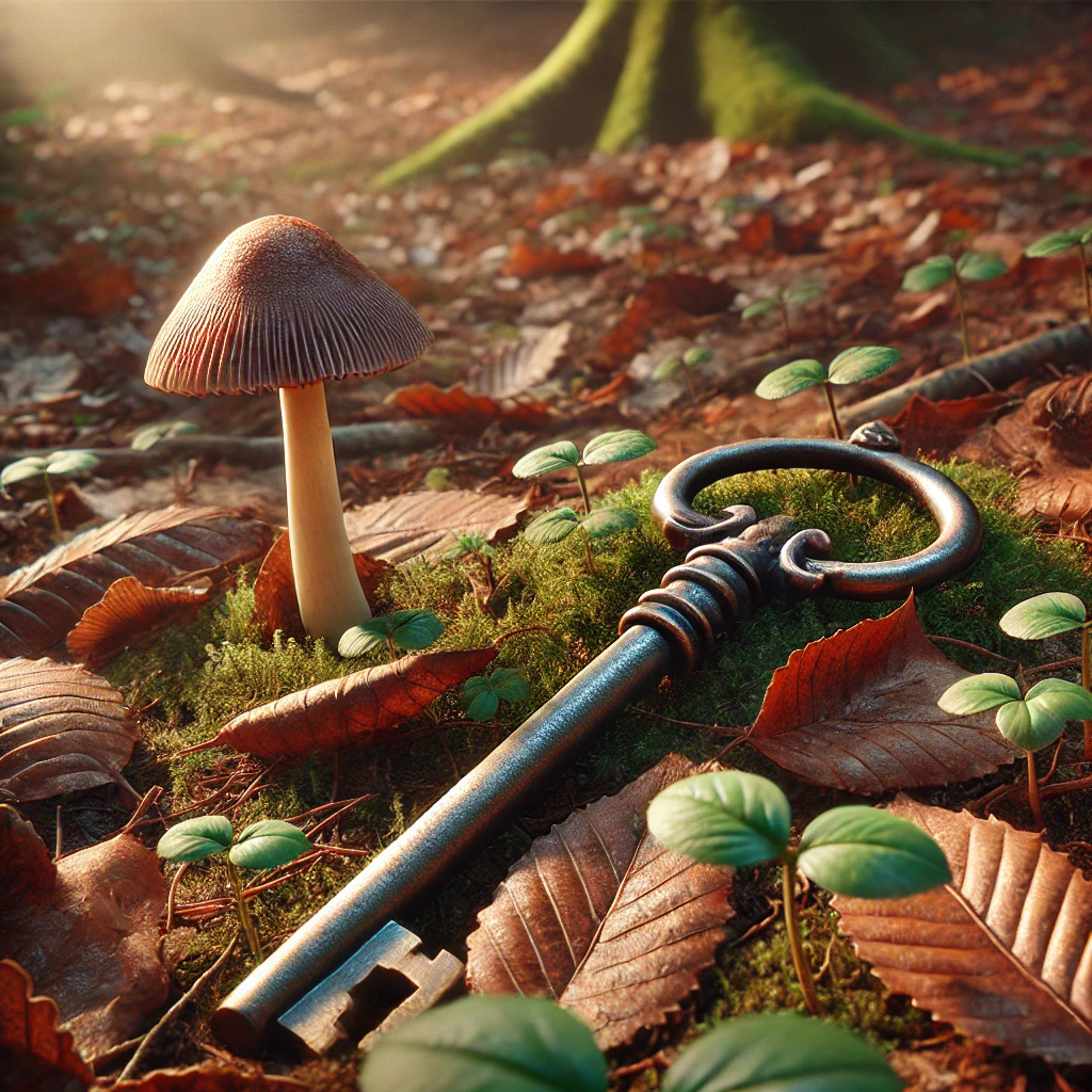 Une vieille clef au pied d'un champignon